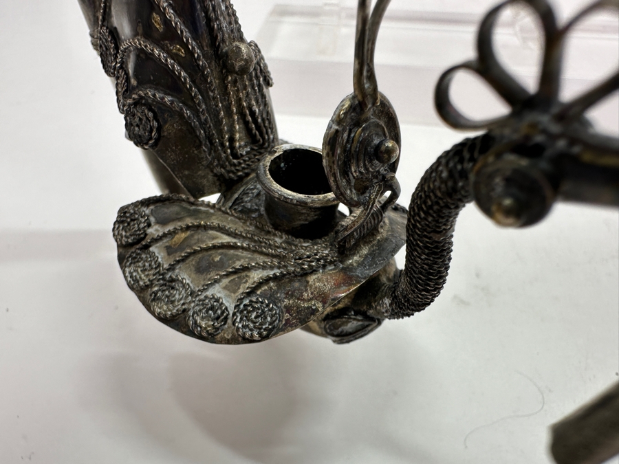 Antique Chinese Sterling Silver Opium Pipe With Filigree Peacock And Lucite Display Stand 13.5L [Photo 14]