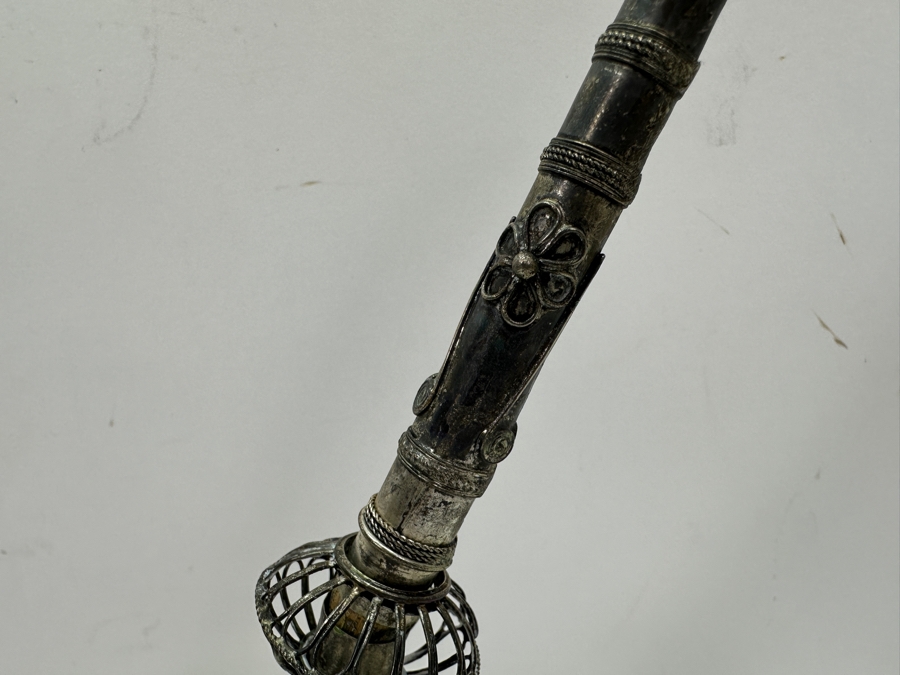 Antique Chinese Sterling Silver Opium Pipe With Filigree Peacock And Lucite Display Stand 13.5L [Photo 7]