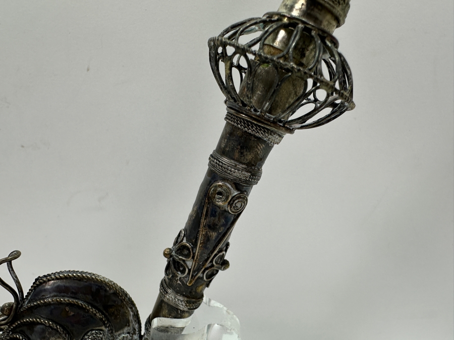 Antique Chinese Sterling Silver Opium Pipe With Filigree Peacock And Lucite Display Stand 13.5L [Photo 6]