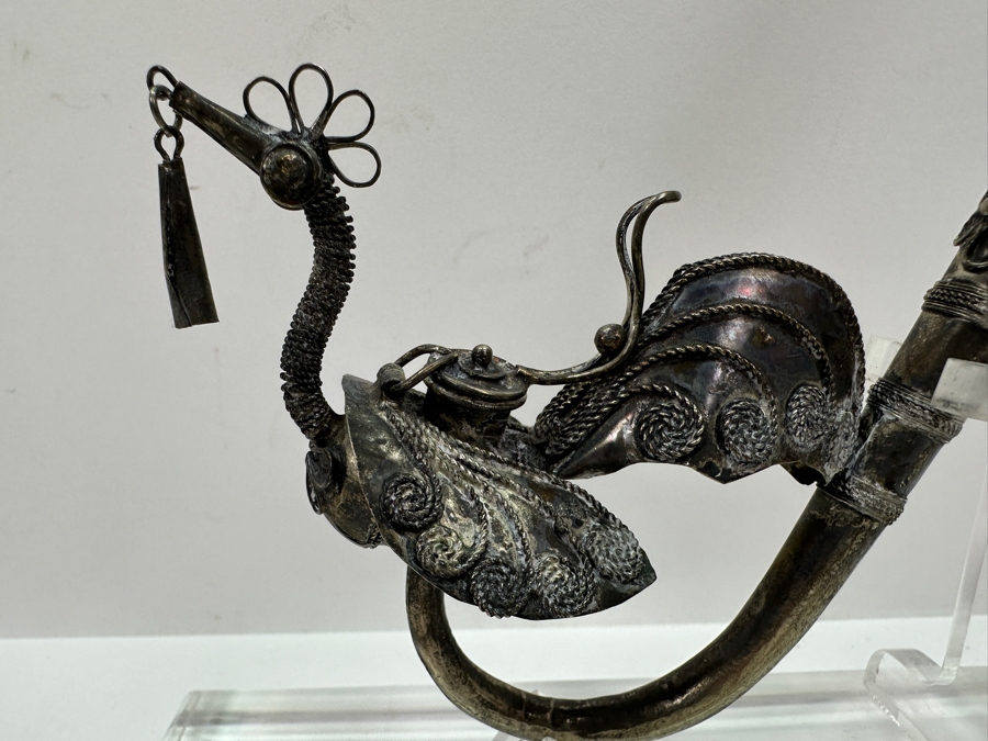 Antique Chinese Sterling Silver Opium Pipe With Filigree Peacock And Lucite Display Stand 13.5L [Photo 3]