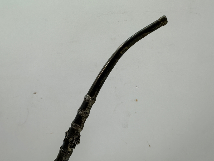 Antique Chinese Sterling Silver Opium Pipe With Filigree Peacock And Lucite Display Stand 13.5L [Photo 8]