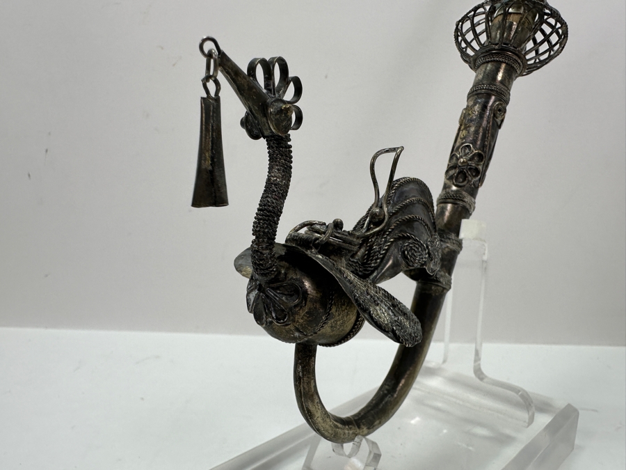 Antique Chinese Sterling Silver Opium Pipe With Filigree Peacock And Lucite Display Stand 13.5L [Photo 9]