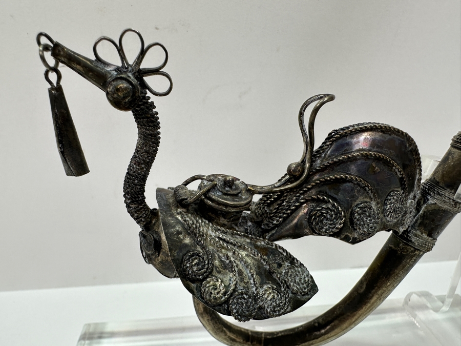 Antique Chinese Sterling Silver Opium Pipe With Filigree Peacock And Lucite Display Stand 13.5L [Photo 5]
