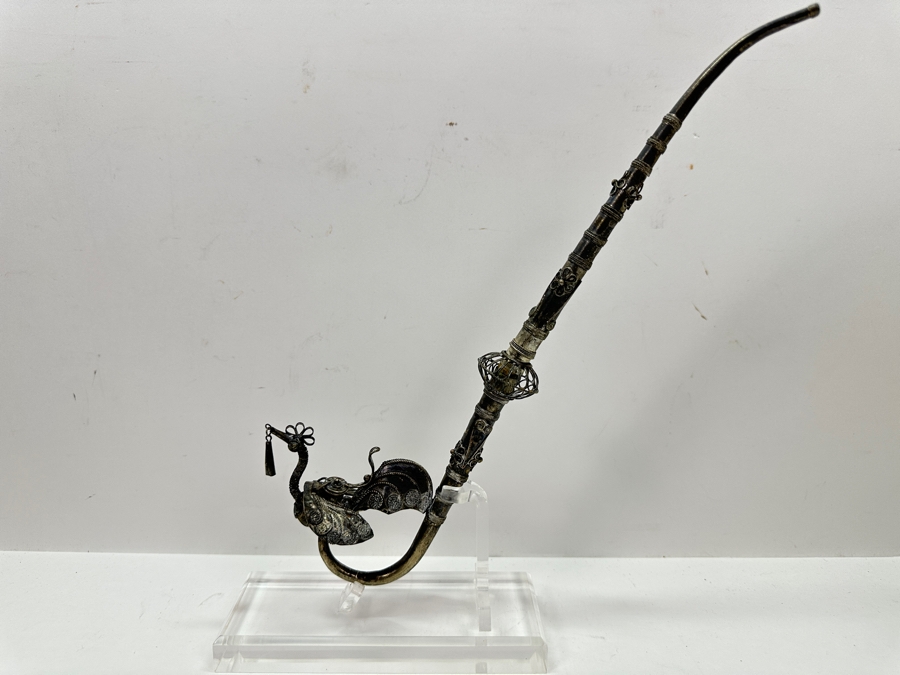 Antique Chinese Sterling Silver Opium Pipe With Filigree Peacock And Lucite Display Stand 13.5L [Photo 2]