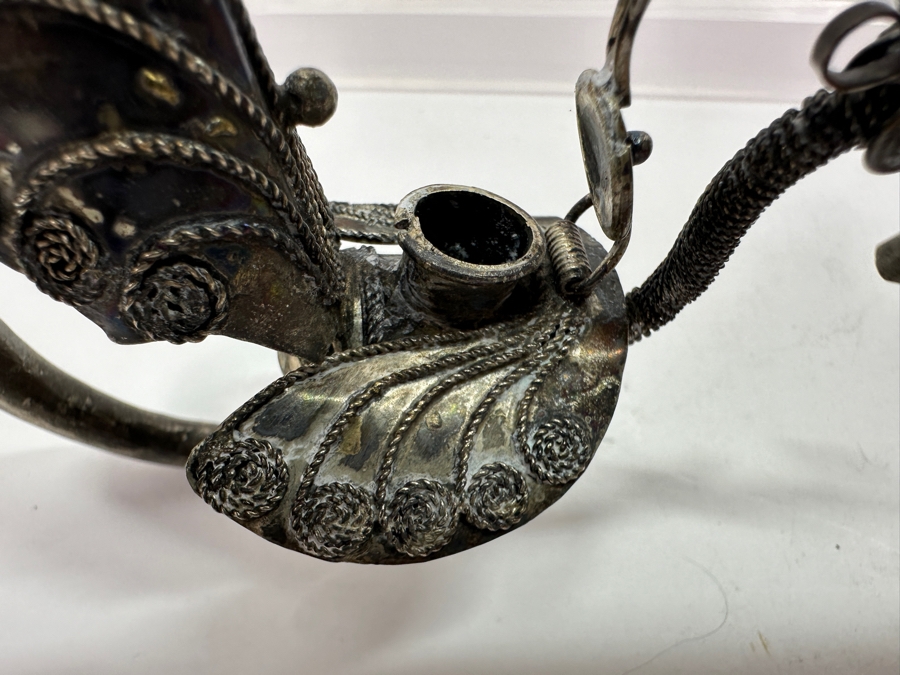 Antique Chinese Sterling Silver Opium Pipe With Filigree Peacock And Lucite Display Stand 13.5L [Photo 13]