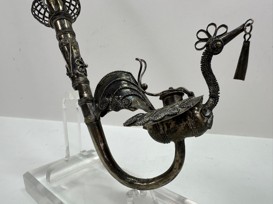 Antique Chinese Sterling Silver Opium Pipe With Filigree Peacock And Lucite Display Stand 13.5L [Photo 10]