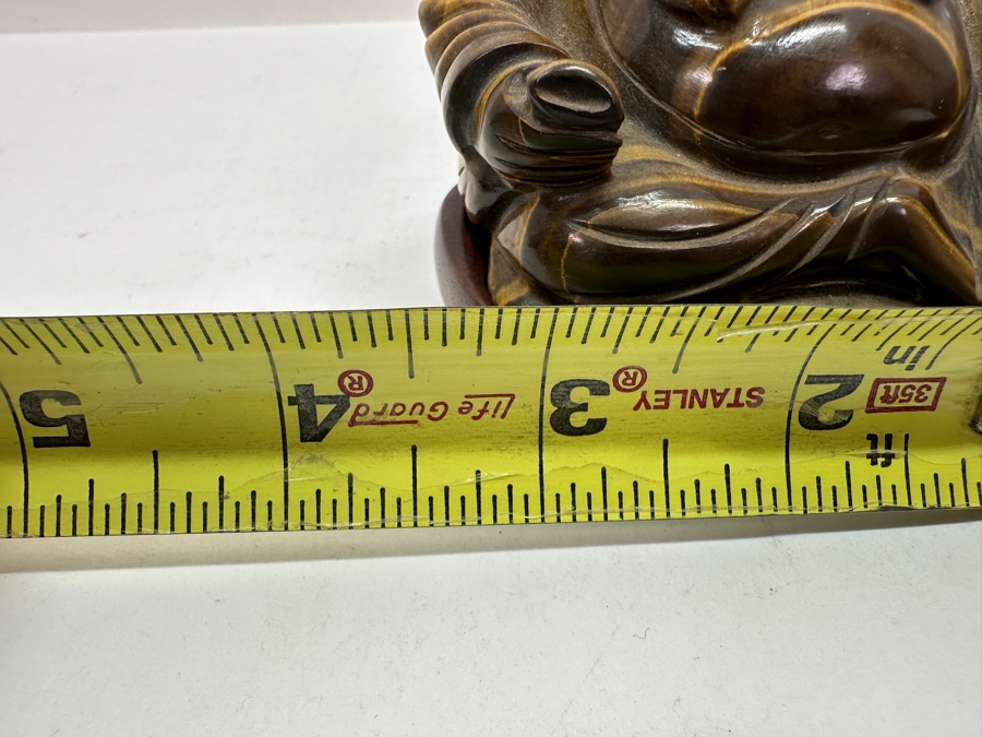 Pair Of Carved Tiger's Eye Chatoyant Gemstone Laughing Buddha Sculptures On Wooden Stands Each Measure 3.25W X 2D X 3H [Photo 22]