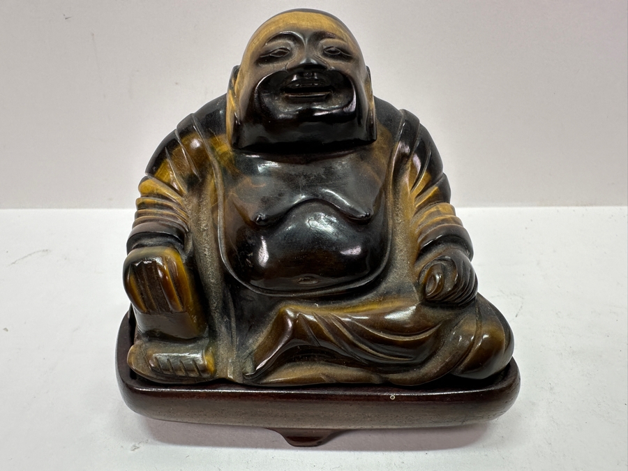 Pair Of Carved Tiger's Eye Chatoyant Gemstone Laughing Buddha Sculptures On Wooden Stands Each Measure 3.25W X 2D X 3H [Photo 5]