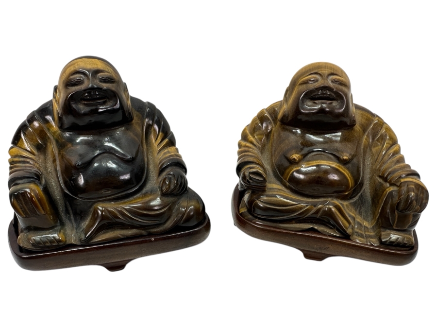 Pair Of Carved Tiger's Eye Chatoyant Gemstone Laughing Buddha Sculptures On Wooden Stands Each Measure 3.25W X 2D X 3H [Photo 1]