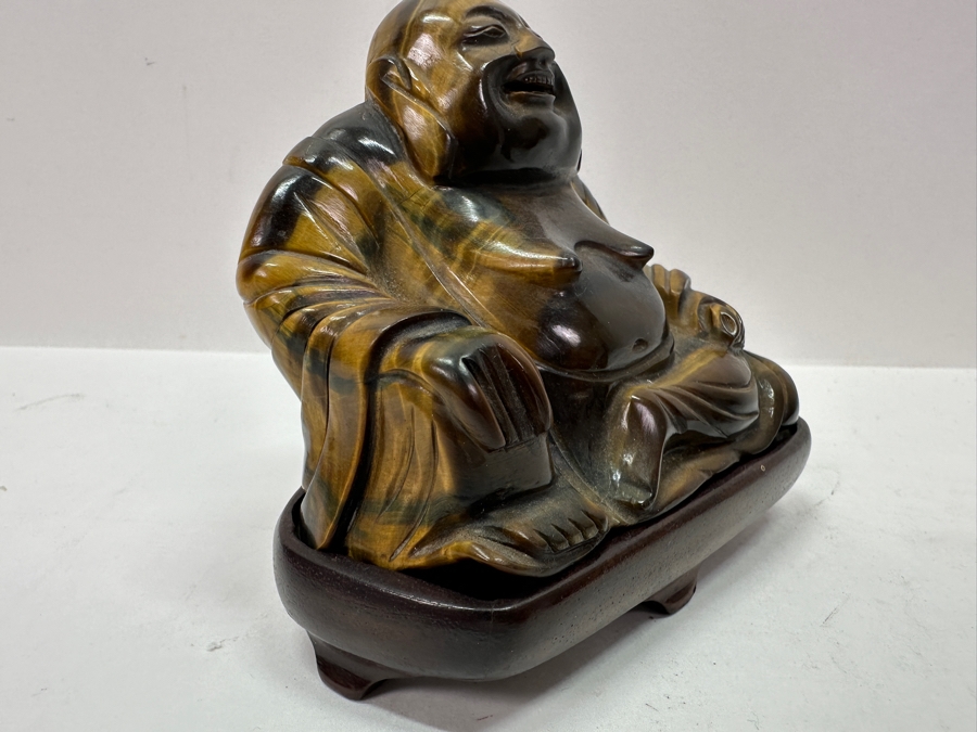 Pair Of Carved Tiger's Eye Chatoyant Gemstone Laughing Buddha Sculptures On Wooden Stands Each Measure 3.25W X 2D X 3H [Photo 7]