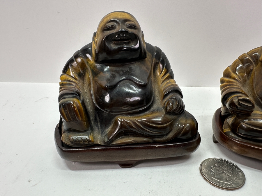 Pair Of Carved Tiger's Eye Chatoyant Gemstone Laughing Buddha Sculptures On Wooden Stands Each Measure 3.25W X 2D X 3H [Photo 4]