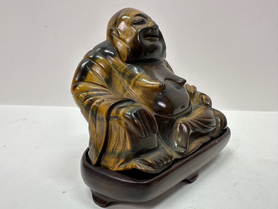 Pair Of Carved Tiger's Eye Chatoyant Gemstone Laughing Buddha Sculptures On Wooden Stands Each Measure 3.25W X 2D X 3H [Photo 8]