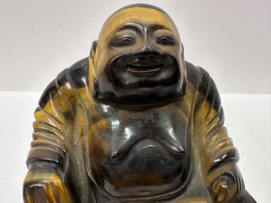 Pair Of Carved Tiger's Eye Chatoyant Gemstone Laughing Buddha Sculptures On Wooden Stands Each Measure 3.25W X 2D X 3H [Photo 6]