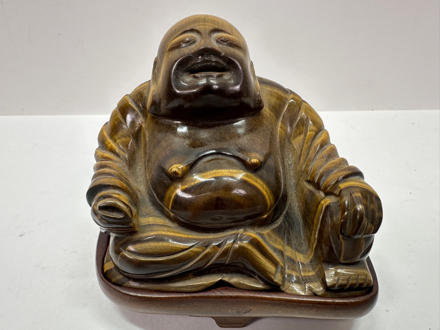 Pair Of Carved Tiger's Eye Chatoyant Gemstone Laughing Buddha Sculptures On Wooden Stands Each Measure 3.25W X 2D X 3H [Photo 13]
