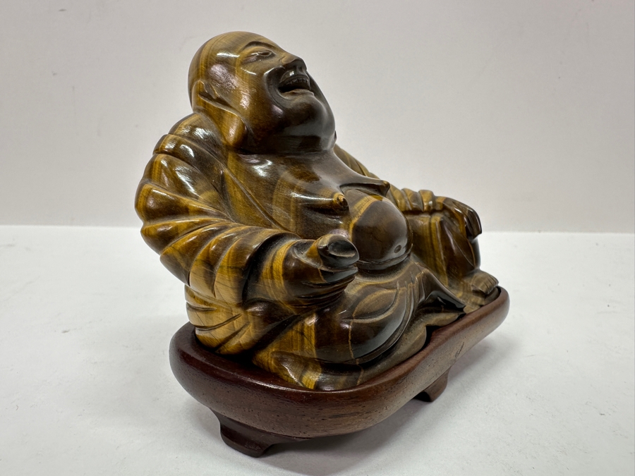 Pair Of Carved Tiger's Eye Chatoyant Gemstone Laughing Buddha Sculptures On Wooden Stands Each Measure 3.25W X 2D X 3H [Photo 15]