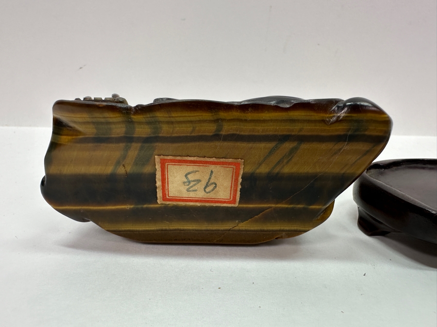 Pair Of Carved Tiger's Eye Chatoyant Gemstone Laughing Buddha Sculptures On Wooden Stands Each Measure 3.25W X 2D X 3H [Photo 11]