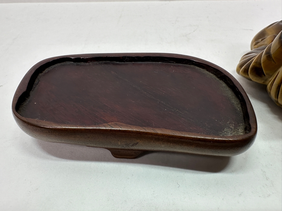 Pair Of Carved Tiger's Eye Chatoyant Gemstone Laughing Buddha Sculptures On Wooden Stands Each Measure 3.25W X 2D X 3H [Photo 20]