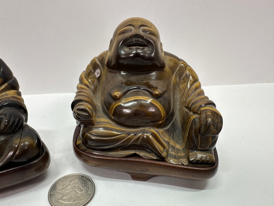 Pair Of Carved Tiger's Eye Chatoyant Gemstone Laughing Buddha Sculptures On Wooden Stands Each Measure 3.25W X 2D X 3H [Photo 3]