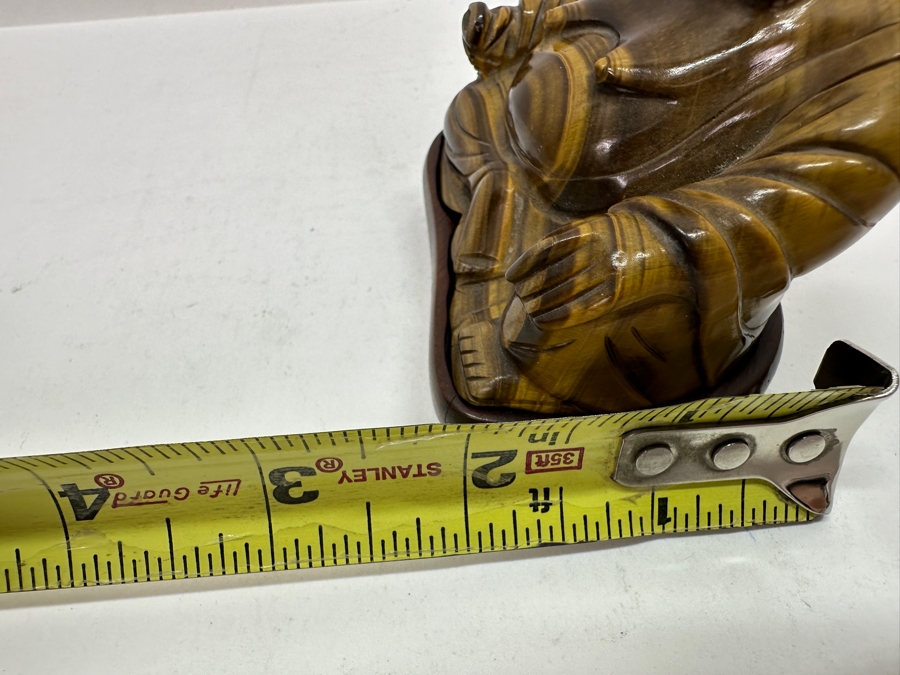 Pair Of Carved Tiger's Eye Chatoyant Gemstone Laughing Buddha Sculptures On Wooden Stands Each Measure 3.25W X 2D X 3H [Photo 23]