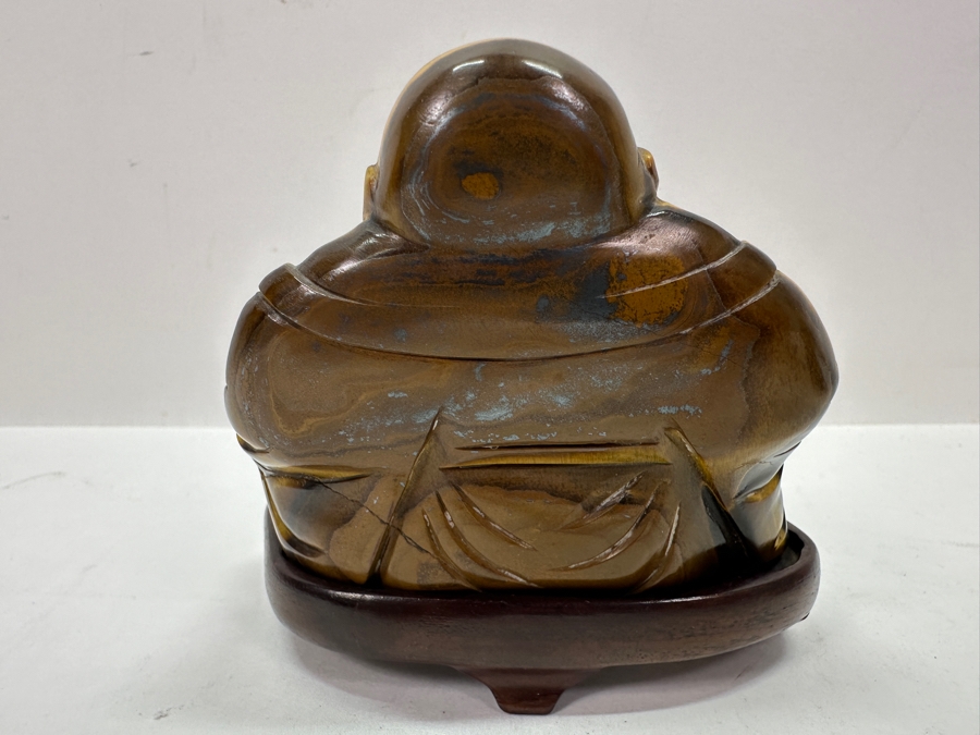 Pair Of Carved Tiger's Eye Chatoyant Gemstone Laughing Buddha Sculptures On Wooden Stands Each Measure 3.25W X 2D X 3H [Photo 9]