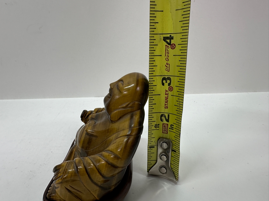 Pair Of Carved Tiger's Eye Chatoyant Gemstone Laughing Buddha Sculptures On Wooden Stands Each Measure 3.25W X 2D X 3H [Photo 24]