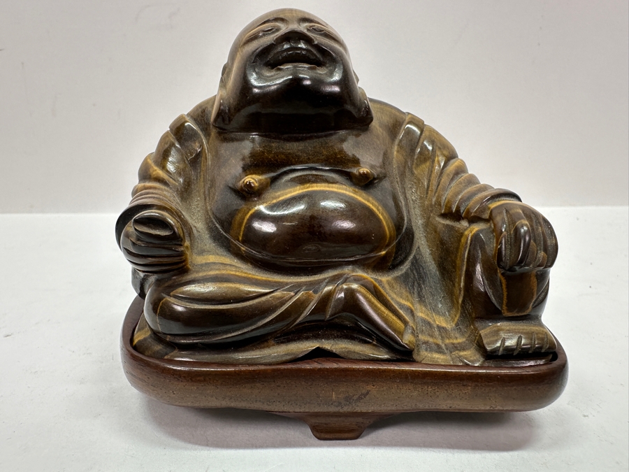 Pair Of Carved Tiger's Eye Chatoyant Gemstone Laughing Buddha Sculptures On Wooden Stands Each Measure 3.25W X 2D X 3H [Photo 14]