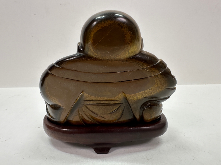Pair Of Carved Tiger's Eye Chatoyant Gemstone Laughing Buddha Sculptures On Wooden Stands Each Measure 3.25W X 2D X 3H [Photo 16]