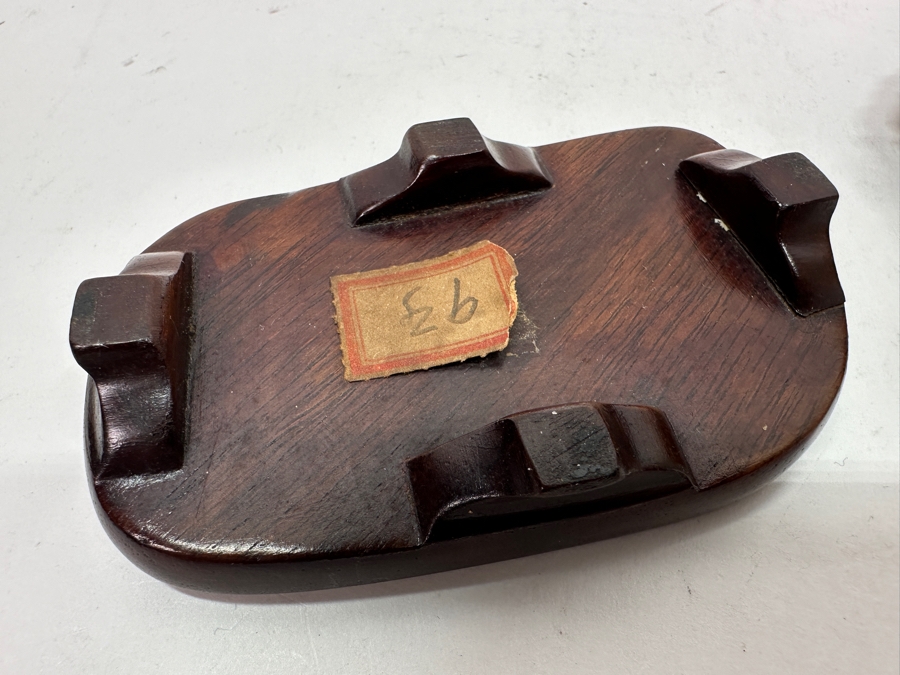 Pair Of Carved Tiger's Eye Chatoyant Gemstone Laughing Buddha Sculptures On Wooden Stands Each Measure 3.25W X 2D X 3H [Photo 21]