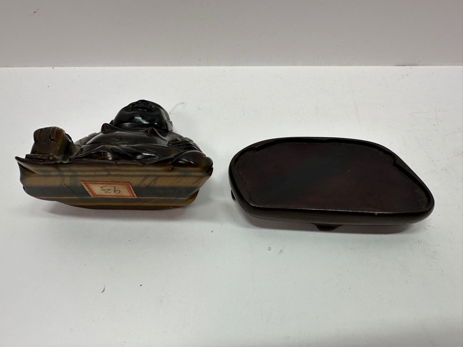 Pair Of Carved Tiger's Eye Chatoyant Gemstone Laughing Buddha Sculptures On Wooden Stands Each Measure 3.25W X 2D X 3H [Photo 12]