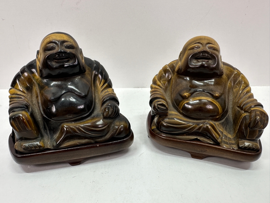 Pair Of Carved Tiger's Eye Chatoyant Gemstone Laughing Buddha Sculptures On Wooden Stands Each Measure 3.25W X 2D X 3H [Photo 2]