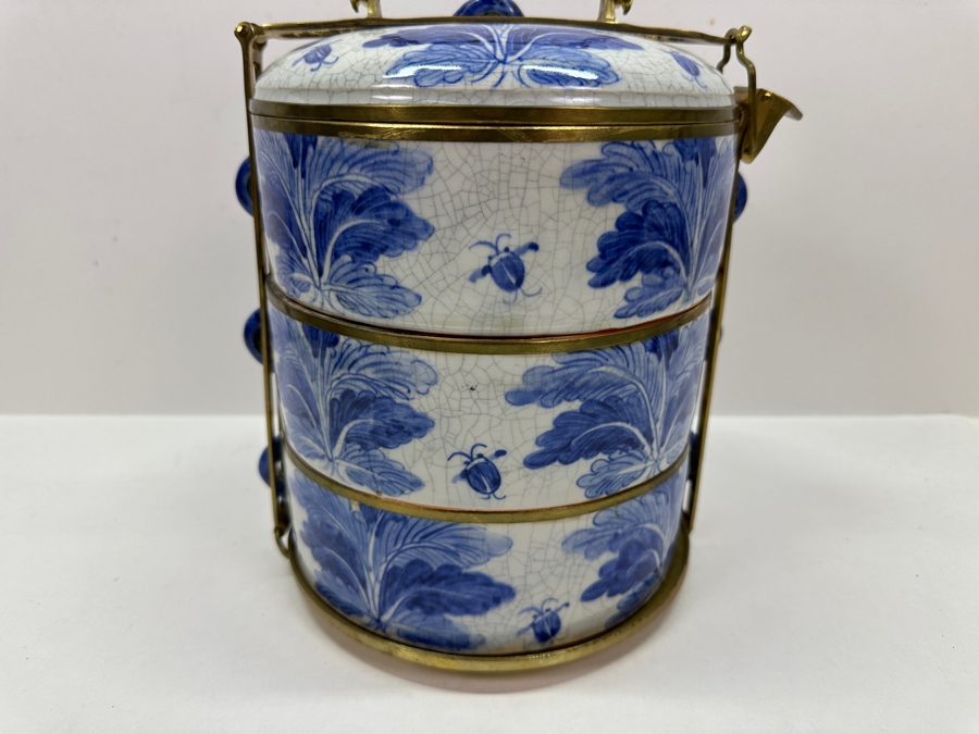Old Chinese Blue & White Porcelain Three-Tiered Tiffin Box With Brass Handle And Rims Signed Underneath 8W X 12.5H [Photo 11]