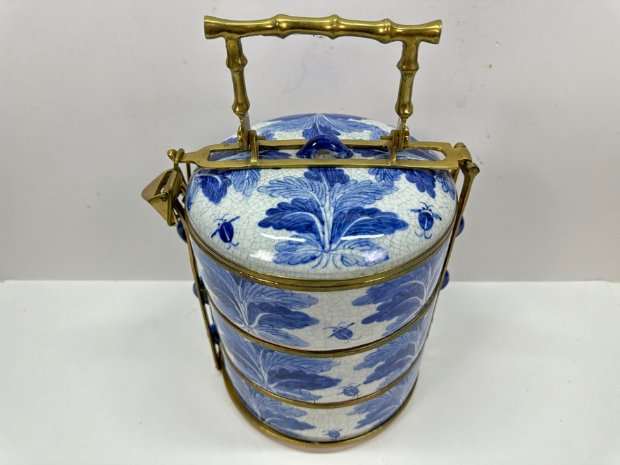 Old Chinese Blue & White Porcelain Three-Tiered Tiffin Box With Brass Handle And Rims Signed Underneath 8W X 12.5H [Photo 4]