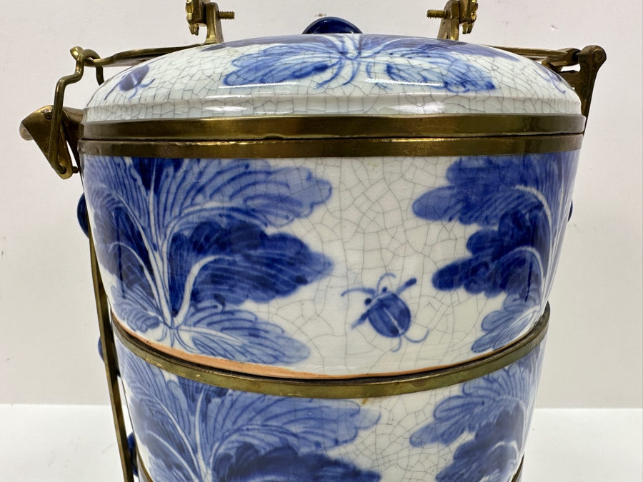 Old Chinese Blue & White Porcelain Three-Tiered Tiffin Box With Brass Handle And Rims Signed Underneath 8W X 12.5H [Photo 6]