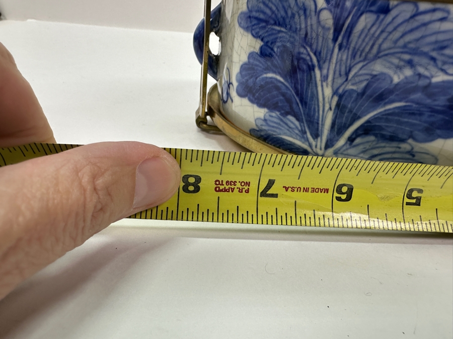Old Chinese Blue & White Porcelain Three-Tiered Tiffin Box With Brass Handle And Rims Signed Underneath 8W X 12.5H [Photo 14]