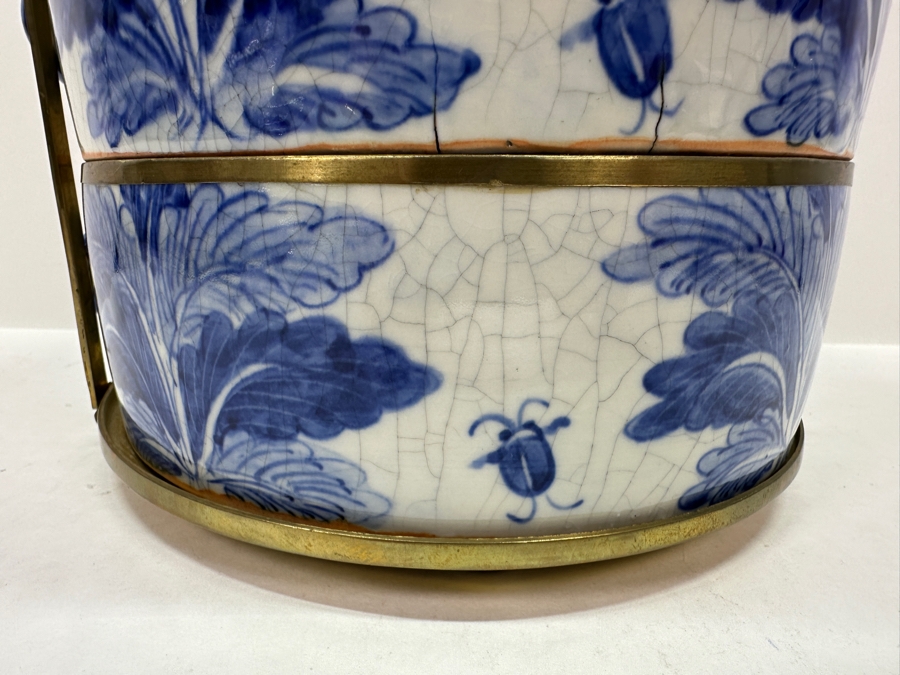 Old Chinese Blue & White Porcelain Three-Tiered Tiffin Box With Brass Handle And Rims Signed Underneath 8W X 12.5H [Photo 9]
