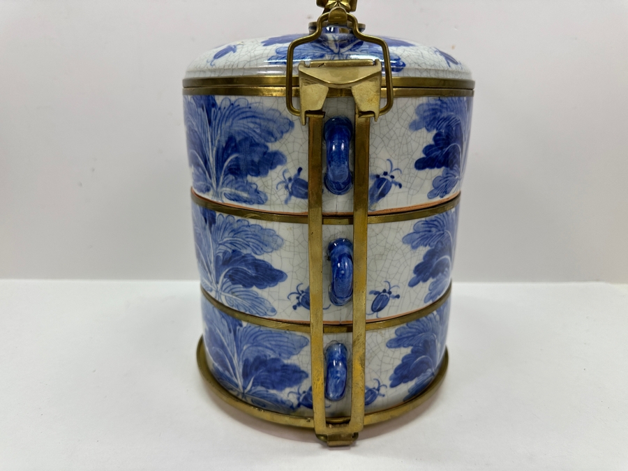 Old Chinese Blue & White Porcelain Three-Tiered Tiffin Box With Brass Handle And Rims Signed Underneath 8W X 12.5H [Photo 10]