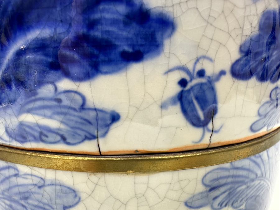 Old Chinese Blue & White Porcelain Three-Tiered Tiffin Box With Brass Handle And Rims Signed Underneath 8W X 12.5H [Photo 8]