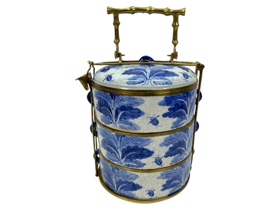 Old Chinese Blue & White Porcelain Three-Tiered Tiffin Box With Brass Handle And Rims Signed Underneath 8W X 12.5H [Photo 1]