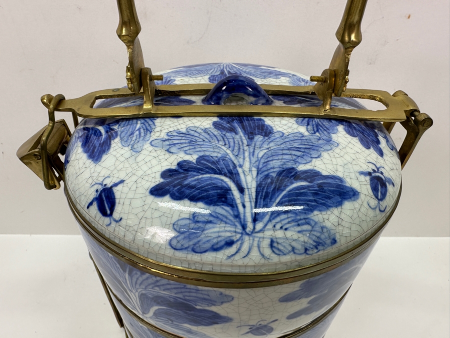Old Chinese Blue & White Porcelain Three-Tiered Tiffin Box With Brass Handle And Rims Signed Underneath 8W X 12.5H [Photo 5]