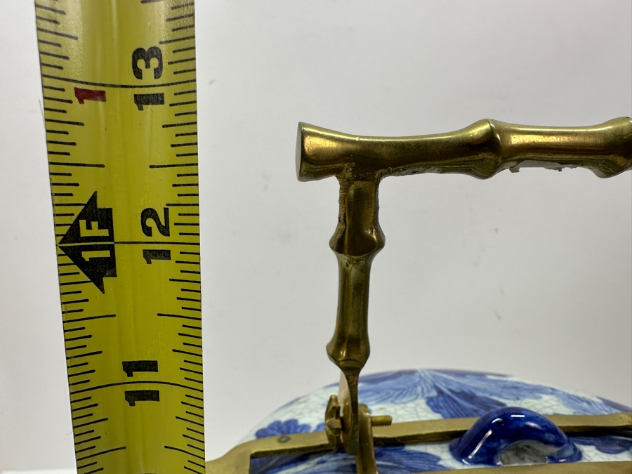 Old Chinese Blue & White Porcelain Three-Tiered Tiffin Box With Brass Handle And Rims Signed Underneath 8W X 12.5H [Photo 15]