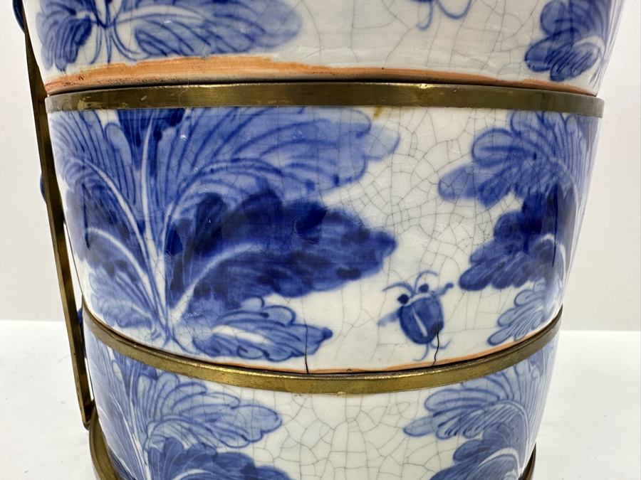 Old Chinese Blue & White Porcelain Three-Tiered Tiffin Box With Brass Handle And Rims Signed Underneath 8W X 12.5H [Photo 7]