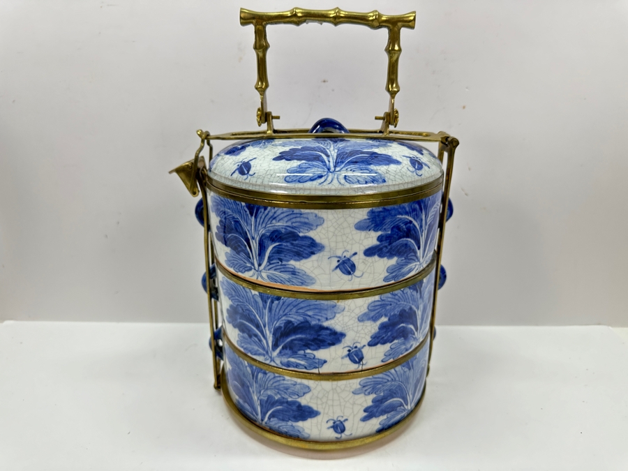 Old Chinese Blue & White Porcelain Three-Tiered Tiffin Box With Brass Handle And Rims Signed Underneath 8W X 12.5H [Photo 3]