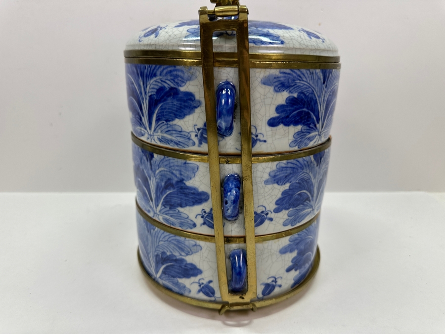 Old Chinese Blue & White Porcelain Three-Tiered Tiffin Box With Brass Handle And Rims Signed Underneath 8W X 12.5H [Photo 12]