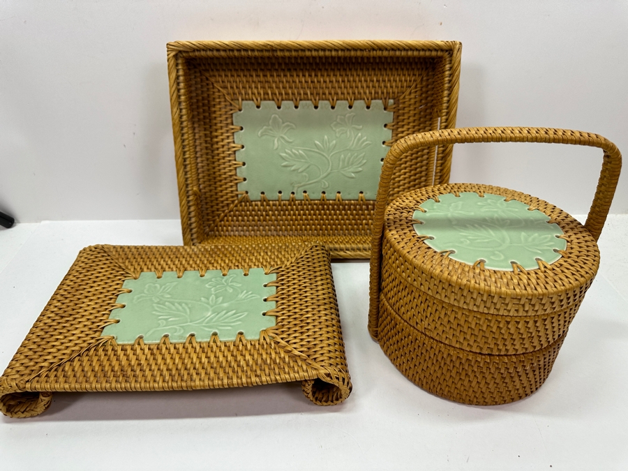 Woven Tray 12.5W, Stand And Basket With Porcelain Inserts [Photo 2]