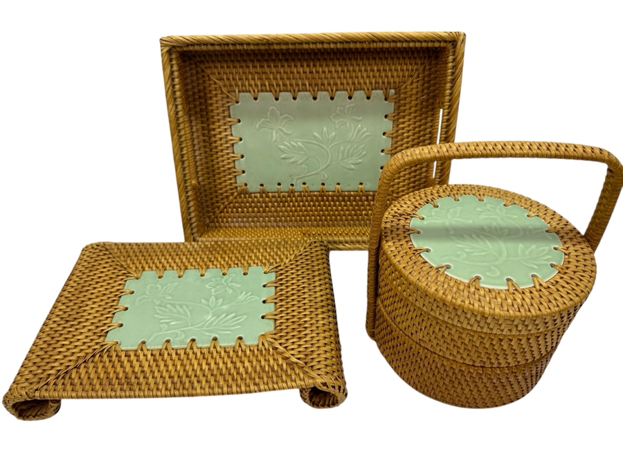 Woven Tray 12.5W, Stand And Basket With Porcelain Inserts [Photo 1]
