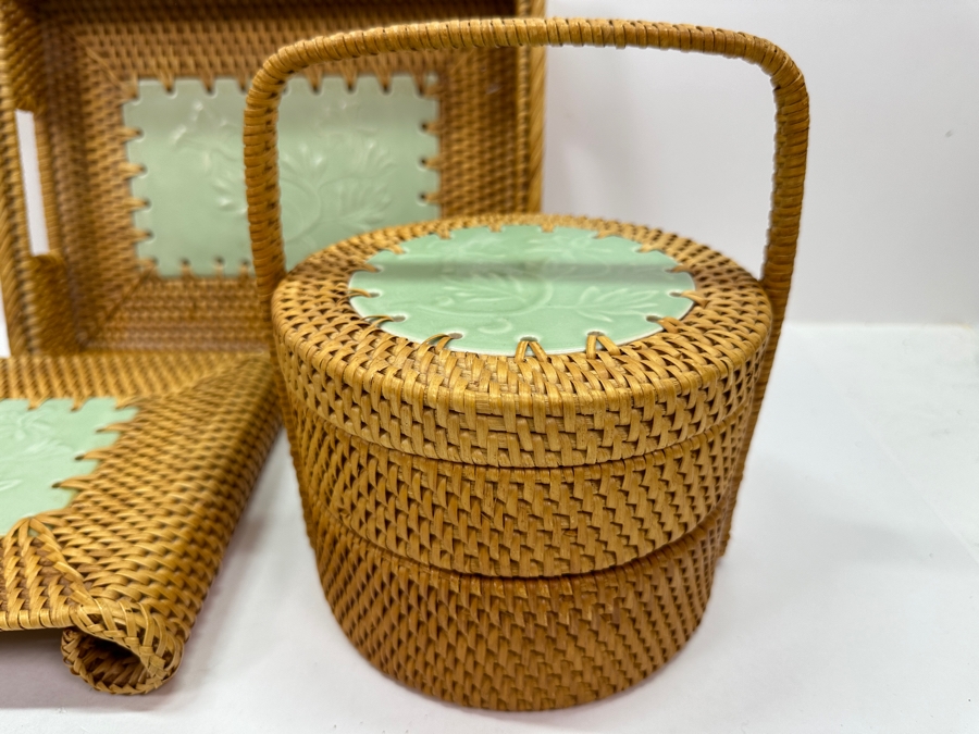 Woven Tray 12.5W, Stand And Basket With Porcelain Inserts [Photo 3]