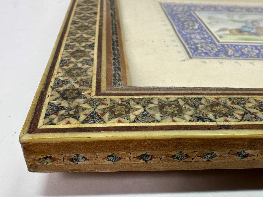 Vintage Persian Miniature Painting In Mosaic Wooden Frame 13 X 7.5 [Photo 9]