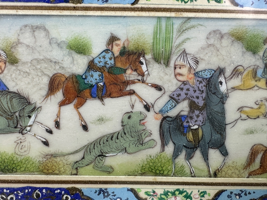 Vintage Persian Miniature Painting In Mosaic Wooden Frame 13 X 7.5 [Photo 6]