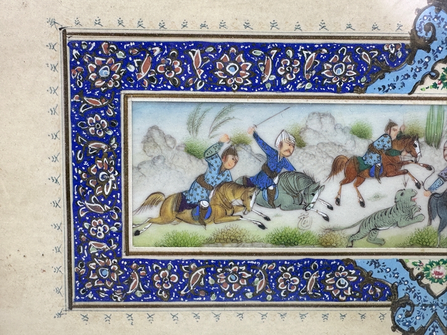 Vintage Persian Miniature Painting In Mosaic Wooden Frame 13 X 7.5 [Photo 4]