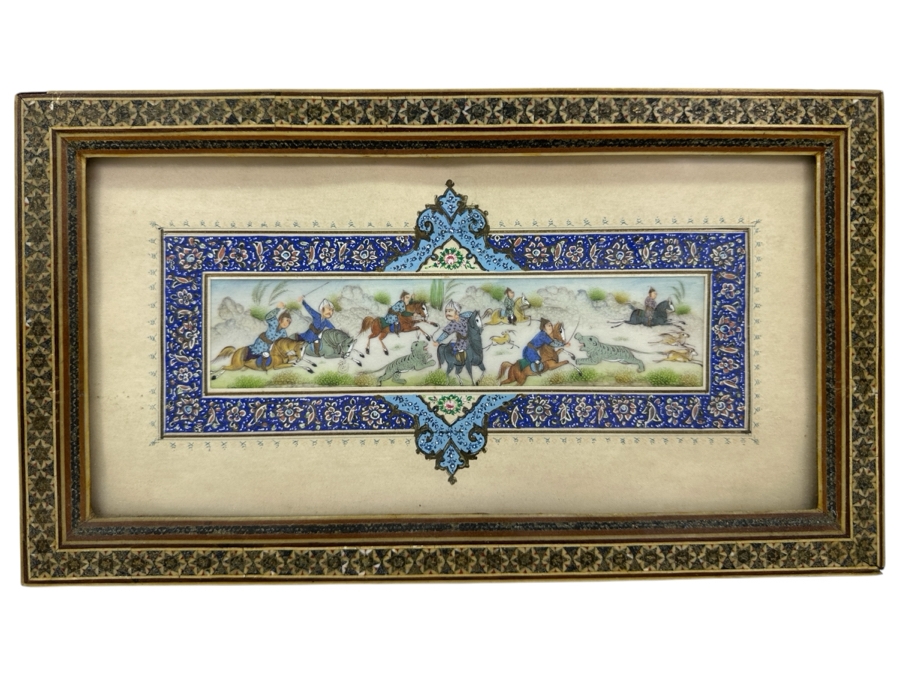 Vintage Persian Miniature Painting In Mosaic Wooden Frame 13 X 7.5 [Photo 2]